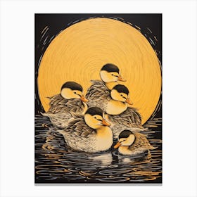 Ducklings Swimming In The Water Japanese Woodblock Style 5 Canvas Print