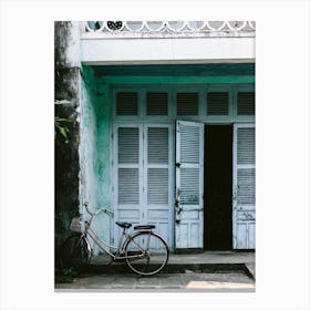 Blue Door And Bicycle In Hoi An Vietnam Canvas Print