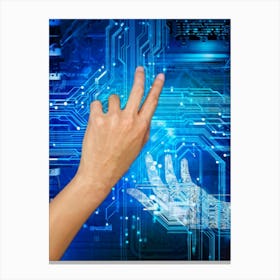 Cyber Abstract Digital Painting Of A Human Hand And A Robotic Hand Almost Touching Against A Backdro 2 1 Canvas Print