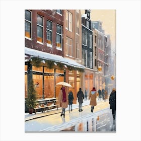 Amsterdam cafes, winter season, Christmas, autumn oil colors, pale colors, pedestrians in the street, winter clothes, falling snow.4 1 Canvas Print