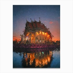 Thailand Temple At Sunset Oil Painting Canvas Print