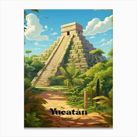 Yucatan Mexico Mayan Pyramid Travel Illustration Canvas Print