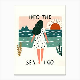 Into The Sea I Go, sunset, white dress woman Canvas Print