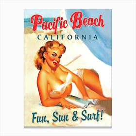 Pinup Erotic Girl On Pacific Beach, California Canvas Print