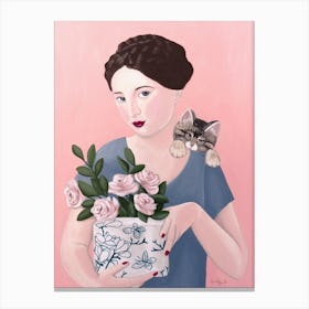 Woman With Cat And Roses Canvas Print
