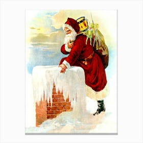 Santa Claus Is Getting Into The Chimney With Bag Full Of Toys Canvas Print