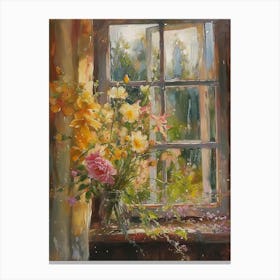 Carnation Flowers On A Cottage Window 4 Canvas Print