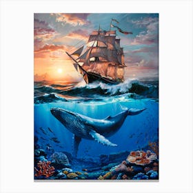 Sailing Ship with Underwater World. Oil Painting #1 Canvas Print