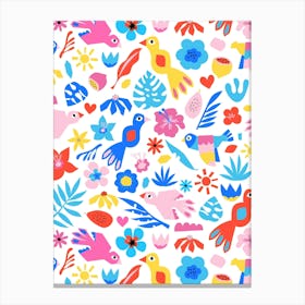 Paper Cut Out Collage Exotic Birds, Fruit, and Flowers - Red Blue Pink Yellow Canvas Print