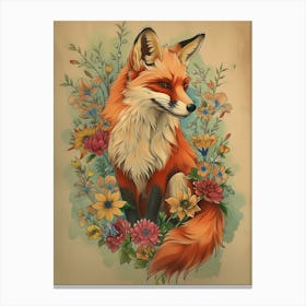 Amazing Red Fox With Flowers 10 Canvas Print