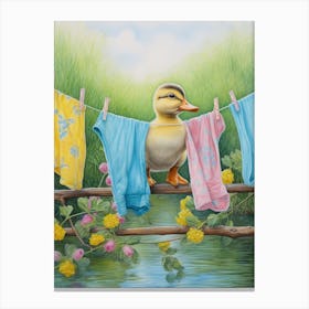 Duckling On The Washing Line Pastel Illustration 3 Canvas Print