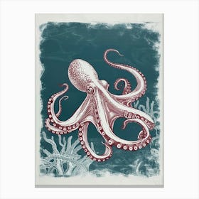 Linocut Inspired Navy Red Octopus With Coral 5 Canvas Print
