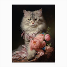 Cat With Flowers & Ribbon Rococo Style Canvas Print