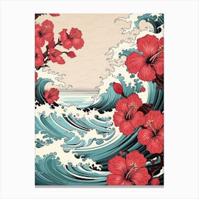 Great Wave With Hibiscus Flower Drawing In The Style Of Ukiyo E 2 Canvas Print