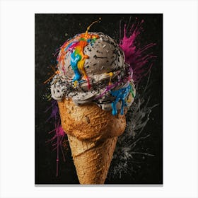 Colorful Ice Cream Cone On Black Background Canvas Print