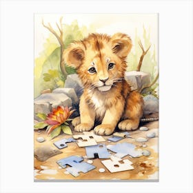 Solving Puzzles Watercolour Lion Art Painting 3 Canvas Print