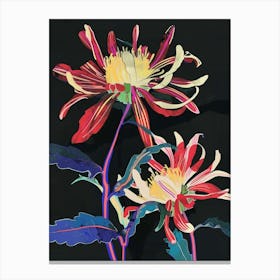 Neon Flowers On Black Chrysanthemum 3 Canvas Print