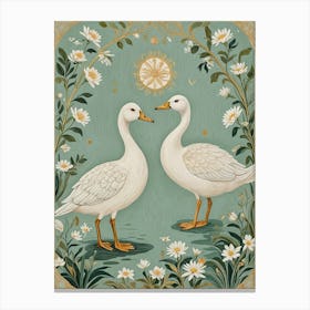 Two White Geese Floral Canvas Print