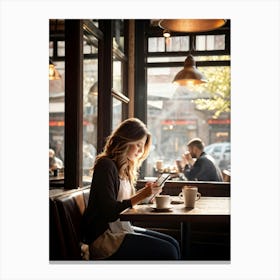 Modern Woman Engrossed In Her Tablet While Seated At A Rustic Wooden Table Inside A Bustling Urban C (3) Canvas Print