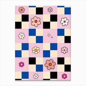 Checkerboard Flower Pink And Blue Canvas Print