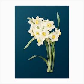 Vintage Bunch Flowered Daffodil Botanical Art on Teal Blue n.0913 Canvas Print