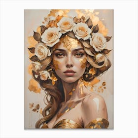 Woman with Floral Headdress and Gold Accents Canvas Print