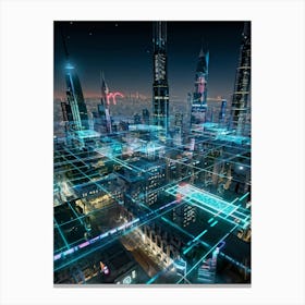 A Futuristic Cityscape Interconnected By Glowing Cyber Security Mesh Networks Represented By Pulsat (2) Canvas Print