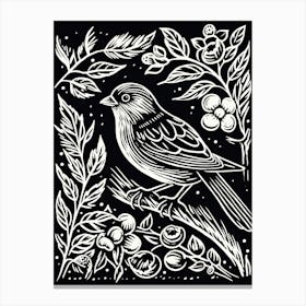 B&W Bird Linocut Finch 2 Canvas Print