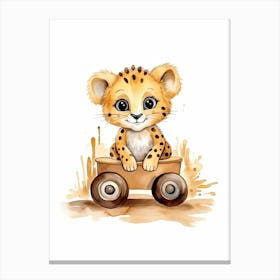 Baby Cheetah On Toy Car, Watercolour Nursery 1 Canvas Print