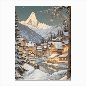Vintage Winter Illustration Zermatt Switzerland 3 Canvas Print