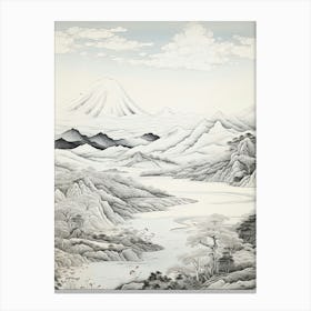 Yatsugatake Mountains In Yamanashi, Ukiyo E Black And White Line Art Drawing 4 Canvas Print