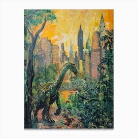 Dinosaur Sunrise Cityscape Tropical Painting Canvas Print