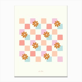 Peach and Blue Daisy Checkerboard Canvas Print