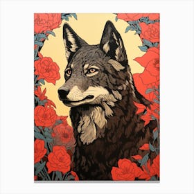 Red Wolf Vintage Woodblock 2 Canvas Print