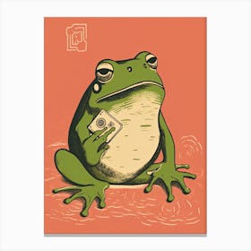 Frog With A Card, Matsumoto Hoji Inspired Japanese Green And Pink 5 Canvas Print