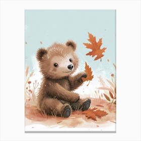 Sloth Bear Cub Playing With A Fallen Leaf Storybook Illustration 1 Canvas Print