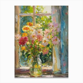 Zinnia Flowers On A Cottage Window 1 Canvas Print