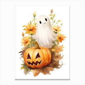 Cute Ghost With Pumpkins Halloween Watercolour 50 Canvas Print