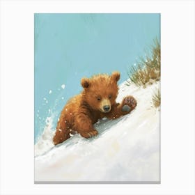 Brown Bear Cub Sliding Down A Snowy Hill Storybook Illustration 4 Canvas Print