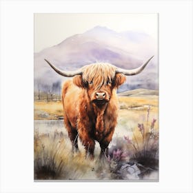 Curious Highland Cow In Field With Rolling Hills Watercolour 5 Canvas Print
