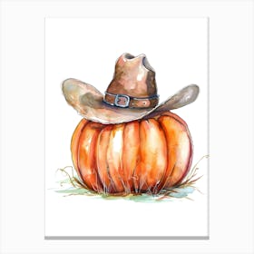 Watercolor Pumpkin With Cowboy Hat Canvas Print