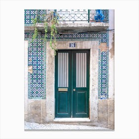 The green door nr. 16 in Alfama, Lisbon, Portgual with retro azulejos - summer vintage street and travel photography by Christa Stroo Photography Canvas Print