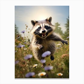 Cute Funny Crab Eating Raccoon Running On A Field 3 Canvas Print