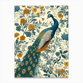 Cream Vintage Floral Peacock Wallpaper 4 Canvas Print