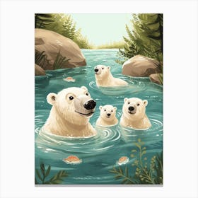 Polar Bear Family Swimming In A River Storybook Illustration 3 Canvas Print