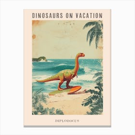 Vintage Diplodocus Dinosaur On A Surf Board 3 Poster Canvas Print