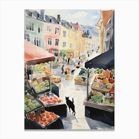 Food Market With Cats In Stockholm 2 Watercolour Canvas Print