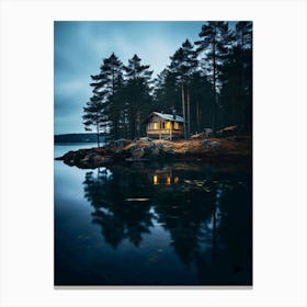 Cabin In the lake by night 1 Canvas Print