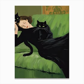 Decadent Young Woman After The Dance With Cats Green Sofa Canvas Print