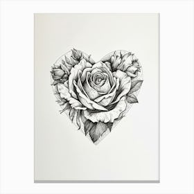 English Rose In A Heart Line Drawing 1 Canvas Print